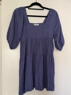 Blue Square Neck Puff Sleeve Tunic Dress